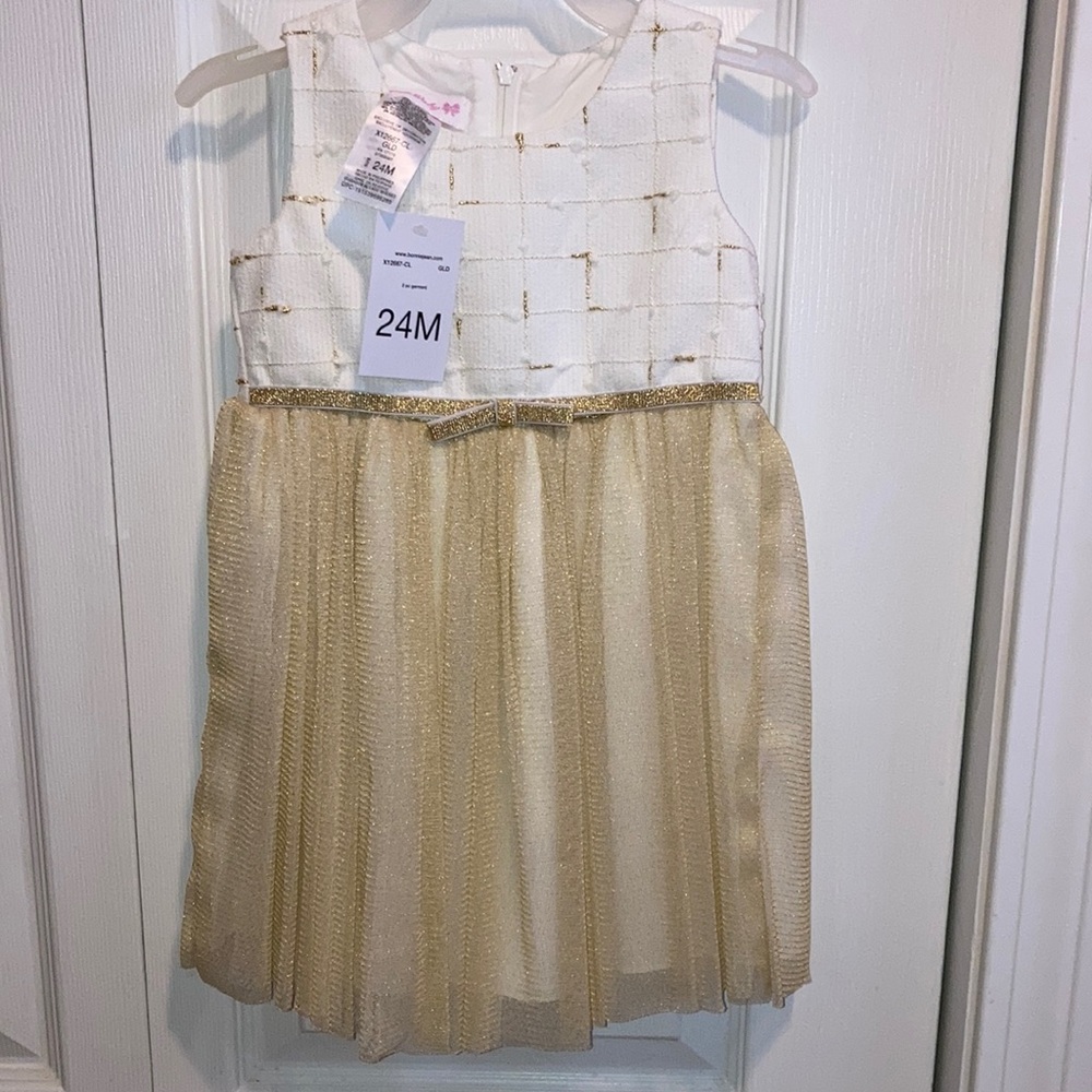 White and Gold Baby Dress by Bonnie Baby